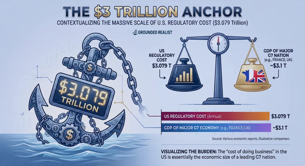 Section: "The $3 Trillion Anchor"



Visual Goal: To contextualize the massive scale of the $3.079 Trillion regulatory cost.The Graph: This chart compares the U.S. regulatory cost directly against the entire GDP of major economies (like France or the UK). It visually demonstrates that the "cost of doing business" in the US is essentially the size of a G7 nation