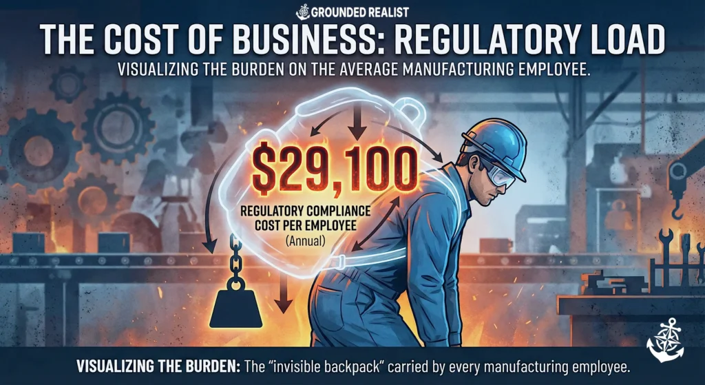 Section: "The Cost of Business" (Regulatory Load)

Visual Goal: To visualize the burden placed on the average manufacturing employee.



The Graph: A singular, impactful focus on the number $29,100. This visualizes the "invisible backpack" every manufacturing employee carries in regulatory compliance costs.
