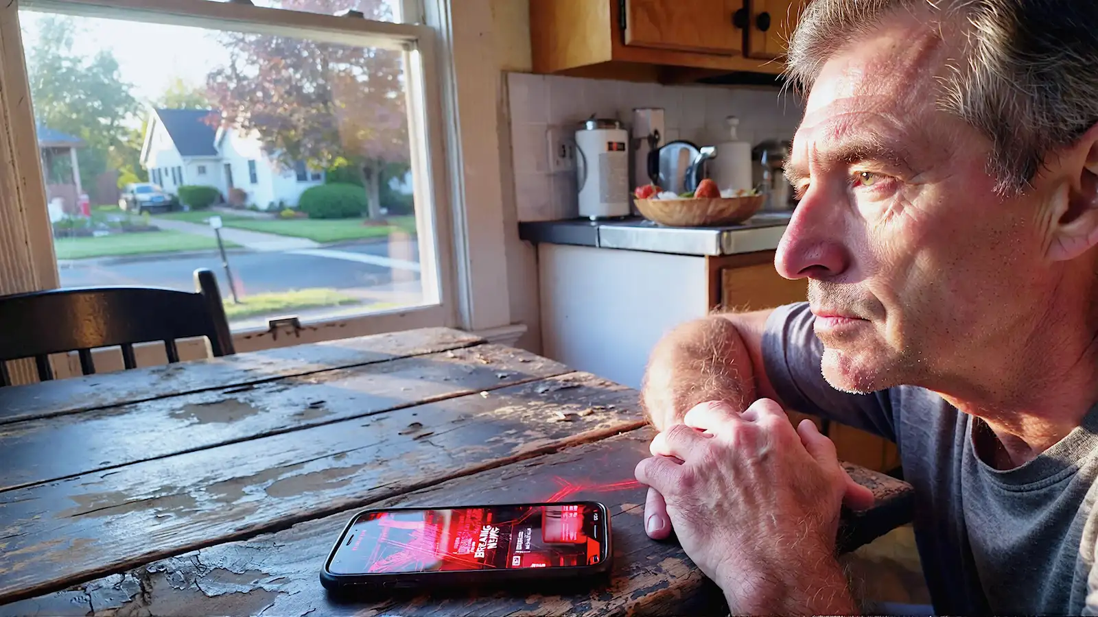 A hyper-realistic, cinematic shot of a weary middle-aged man sitting at a rustic wooden kitchen table in the early morning light. Action: He is looking out a window at a peaceful, golden-hour sunrise over a quiet suburban street. In the foreground, on the table, lies a smartphone with a cracked screen glowing ominously with chaotic, red-hued "Breaking News" graphics, ignored. Atmosphere: The contrast is between the warm, natural, peaceful light of the window (Reality) and the cold, artificial, alarming light of the phone (The Narrative). Style: Shot on Kodak Portra 400. High texture. 35mm film grain. Focus is on the man's calm expression as he ignores the device. Lighting: Natural morning sun hitting the side of the face; cold blue light from the phone hitting the table surface.