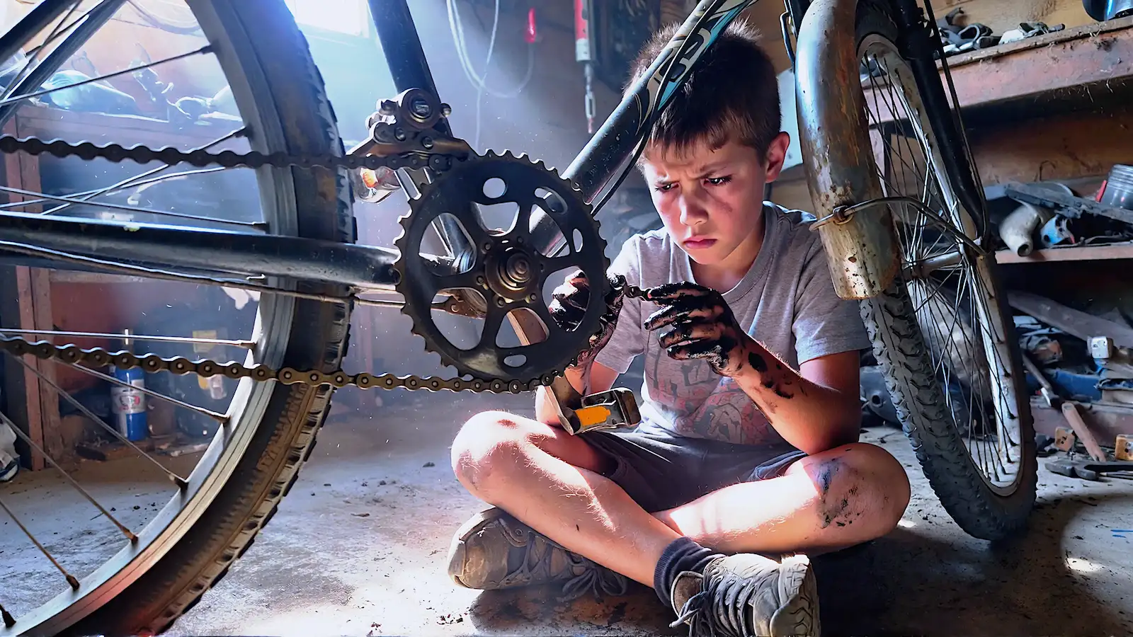 A cinematic, wide shot of a 10-year-old boy sitting on the concrete floor of a cluttered, dimly lit garage. He is holding a bicycle chain that has come off the gears, his hands are covered in black grease. He is looking at the mechanism with intense focus and frustration, not crying. No adults are in the frame. Lighting: Natural sunlight slicing through dust motes from a single side window. High contrast, chiaroscuro effect. Texture: Realism is key. Visible grease textures, the rust on the bike frame, the scuff marks on his sneakers. Vibe: Kodak Portra 400 film stock. Grainy, raw, timeless. No sterile colors. The aesthetic of "earned competence."