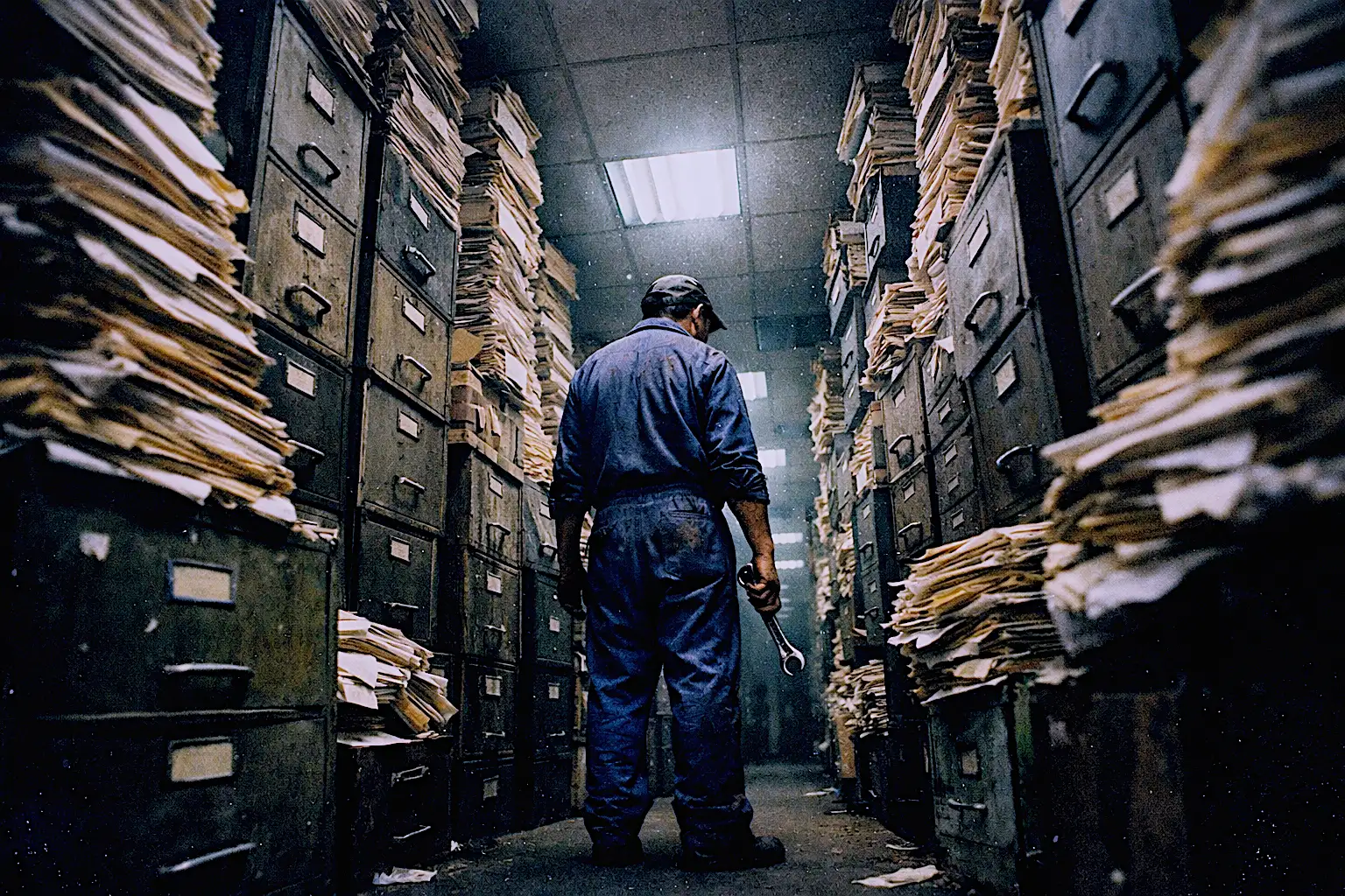 A photorealistic, cinematic shot of an endless, dimly lit bureaucratic office hallway. The perspective is low, looking up at towering stacks of yellowing paper and filing cabinets that reach the ceiling, looming over a single, small, exhausted mechanic in blue coveralls holding a wrench. The lighting is moody, with sickly greens and stark shadows. Shot on Kodak Portra 400 film, 35mm lens. High texture, dust motes dancing in the stagnant air. No cartoons.