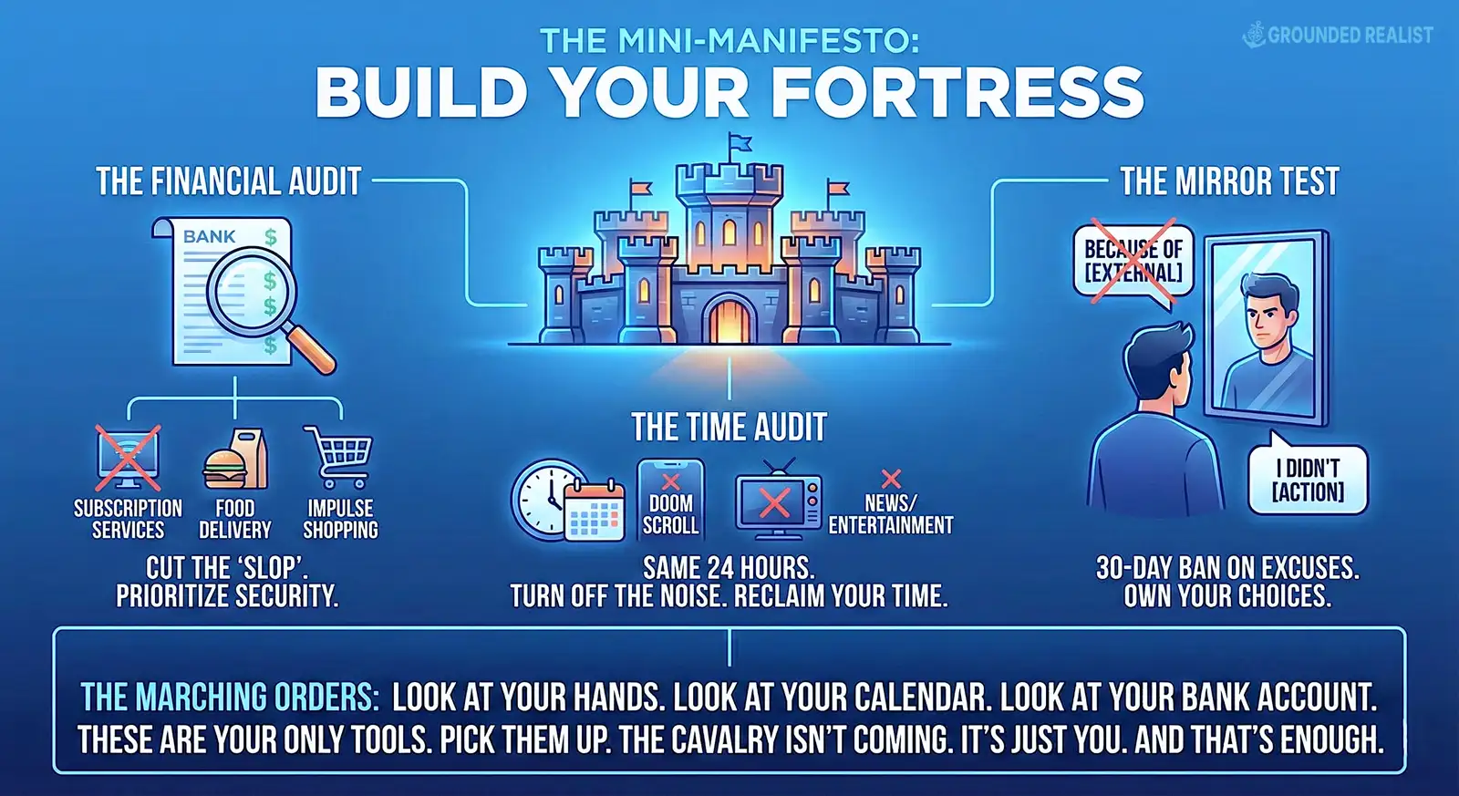 Infographic titled 'THE MINI-MANIFESTO: BUILD YOUR FORTRESS'. The central image is a glowing, fortified castle. Three sections branch out from it. On the left, 'THE FINANCIAL AUDIT' shows a magnifying glass over a bank statement and crossed-out icons for 'SUBSCRIPTION SERVICES', 'FOOD DELIVERY', and 'IMPULSE SHOPPING', with text 'CUT THE 'SLOP'. PRIORITIZE SECURITY.'. In the center, 'THE TIME AUDIT' has a clock and calendar, with crossed-out icons for 'DOOM SCROLL' on a phone and 'NEWS/ENTERTAINMENT' on a TV, with text 'SAME 24 HOURS. TURN OFF THE NOISE. RECLAIM YOUR TIME.'. On the right, 'THE MIRROR TEST' shows a man looking in a mirror, with a crossed-out speech bubble 'BECAUSE OF [EXTERNAL]' and a new one 'I DIDN’T [ACTION]', with text '30-DAY BAN ON EXCUSES. OWN YOUR CHOICES.'. A banner at the bottom, 'THE MARCHING ORDERS', reads 'LOOK AT YOUR HANDS. LOOK AT YOUR CALENDAR. LOOK AT YOUR BANK ACCOUNT. THESE ARE YOUR ONLY TOOLS. PICK THEM UP. THE CAVALRY ISN’T COMING. IT’S JUST YOU. AND THAT’S ENOUGH.'