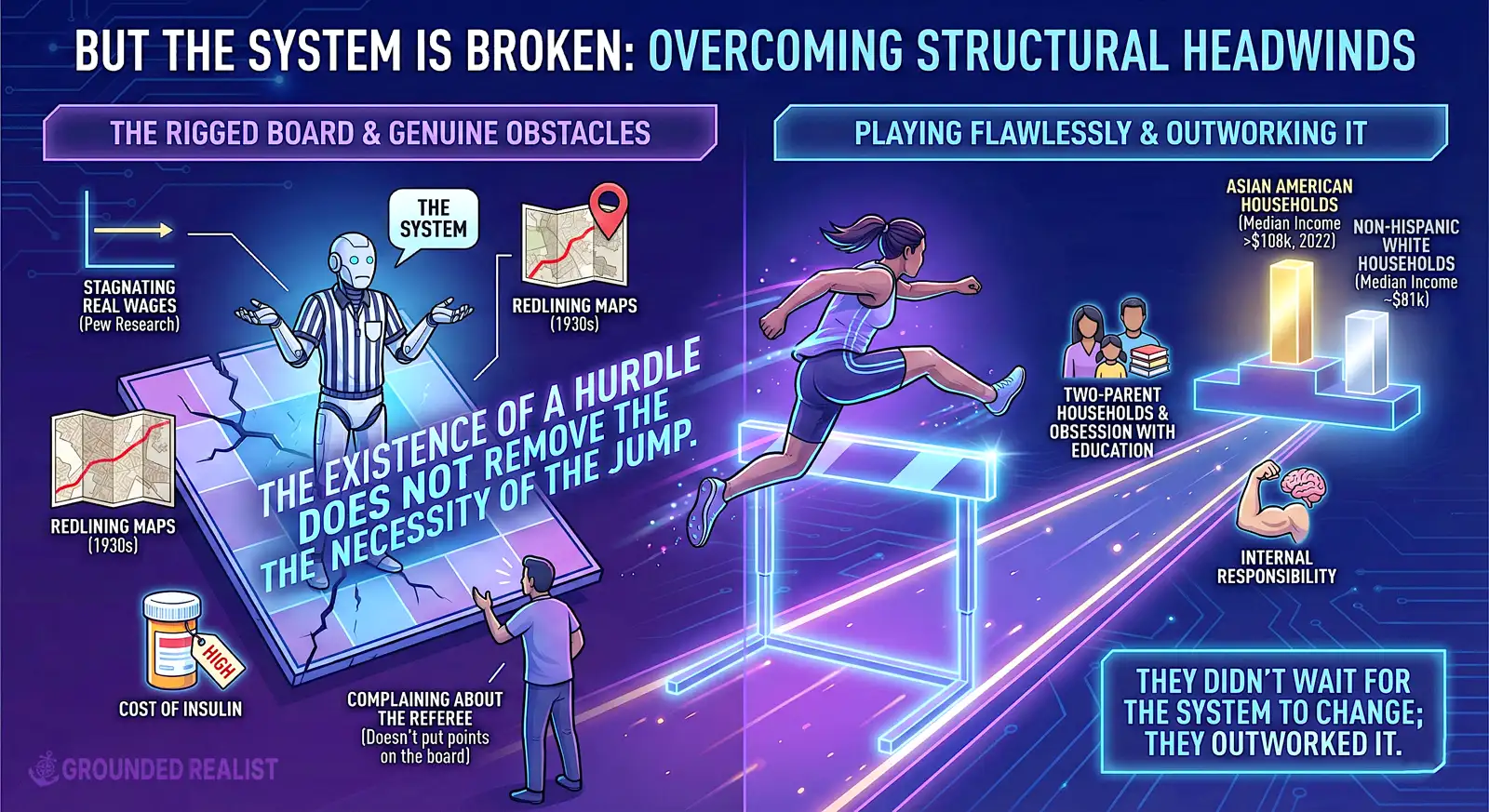 A two-panel infographic titled "But the System is Broken: Overcoming Structural Headwinds". The left panel, "The Rigged Board & Genuine Obstacles," shows a broken, tilted game board with a robot referee labeled "The System." Icons illustrate "Stagnating Real Wages," "Redlining Maps," and "Cost of Insulin." A person complains to the referee. A central text overlay reads: "The existence of a hurdle does not remove the necessity of the jump." The right panel, "Playing Flawlessly & Outworking It," shows a female athlete successfully clearing a hurdle. Icons represent "Two-Parent Households & Obsession with Education" and "Internal Responsibility." A bar graph compares median household incomes in 2022: "Asian American Households (>$108k)" versus "Non-Hispanic White Households (~$81k)." A final text box reads: "They didn't wait for the system to change; they outworked it."