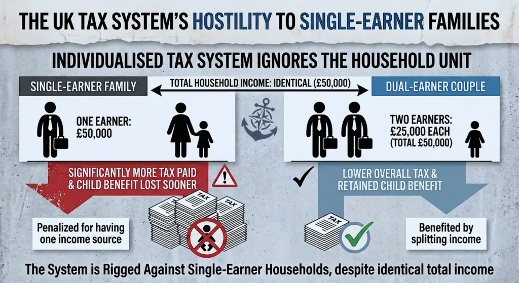 This grounded realist infographic, titled "THE UK TAX SYSTEM'S HOSTILITY TO SINGLE-EARNER FAMILIES," visually compares two households with an identical total income of £50,000, illustrating that the single-earner family is "penalized" with significantly more tax and lost child benefit, while the dual-earner couple is "benefited" with lower tax and retained child benefit, concluding that "The System is Rigged Against Single-Earner Households."