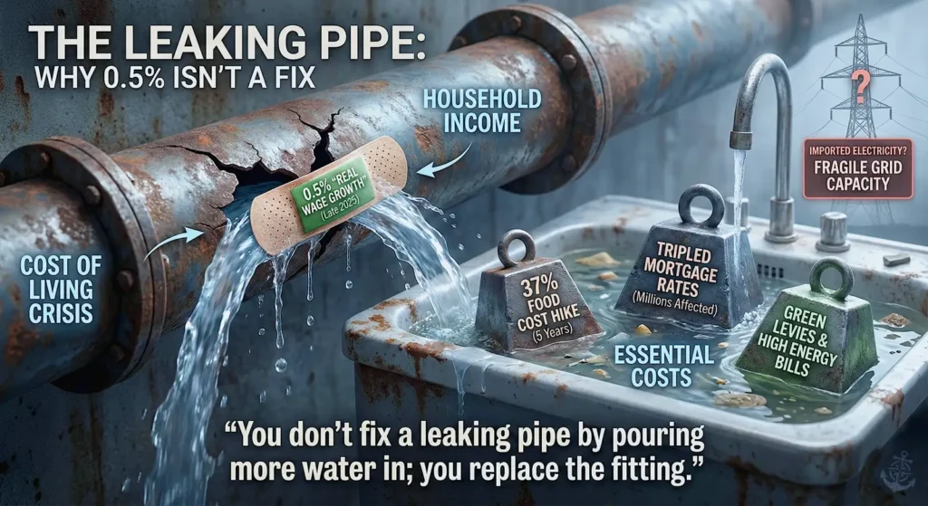 Editorial illustration titled 'THE LEAKING PIPE: WHY 0.5% ISN'T A FIX'. A rusty pipe labeled 'HOUSEHOLD INCOME' gushes water from a crack labeled 'COST OF LIVING CRISIS'. A small bandage labeled '0.5% "REAL WAGE GROWTH"' fails to patch the leak. The water overflows a sink weighted down by heavy weights labeled '37% FOOD COST HIKE', 'TRIPLED MORTGAGE RATES', and 'GREEN LEVIES'.