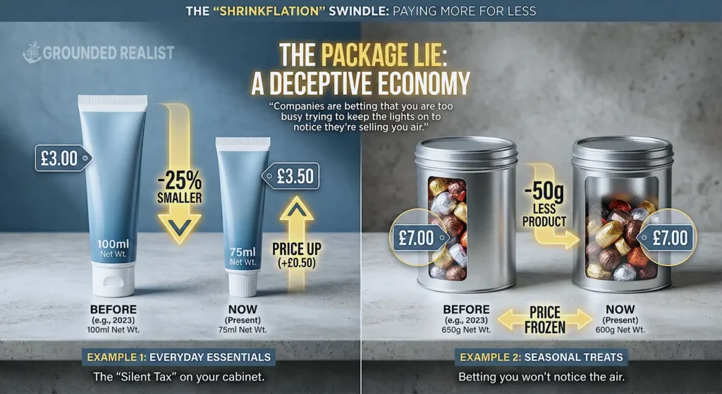 The "Shrinkflation" Swindle illustrated. see below text for details