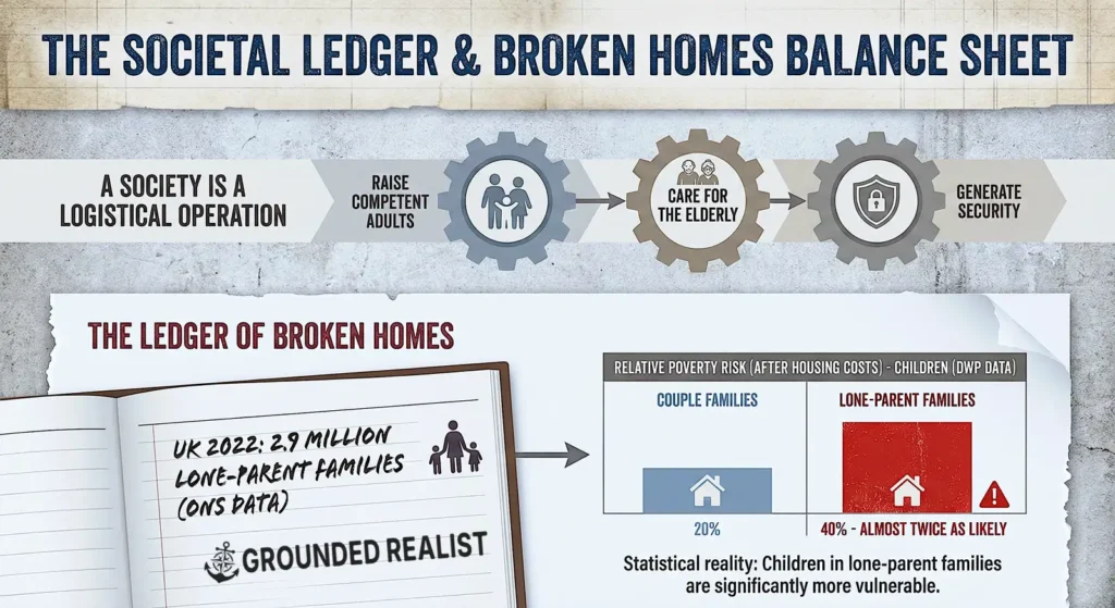 This grounded realist infographic, framed as a "societal ledger," visually presents UK statistical data demonstrating that children in lone-parent families face almost double the risk of relative poverty compared to those in couple families.