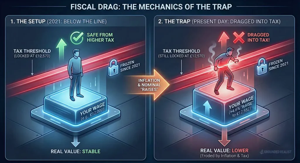 The Stealth Tax- Fiscal Drag. Inflation raises wages to drag you into paying more tax due to frozen thresholds.