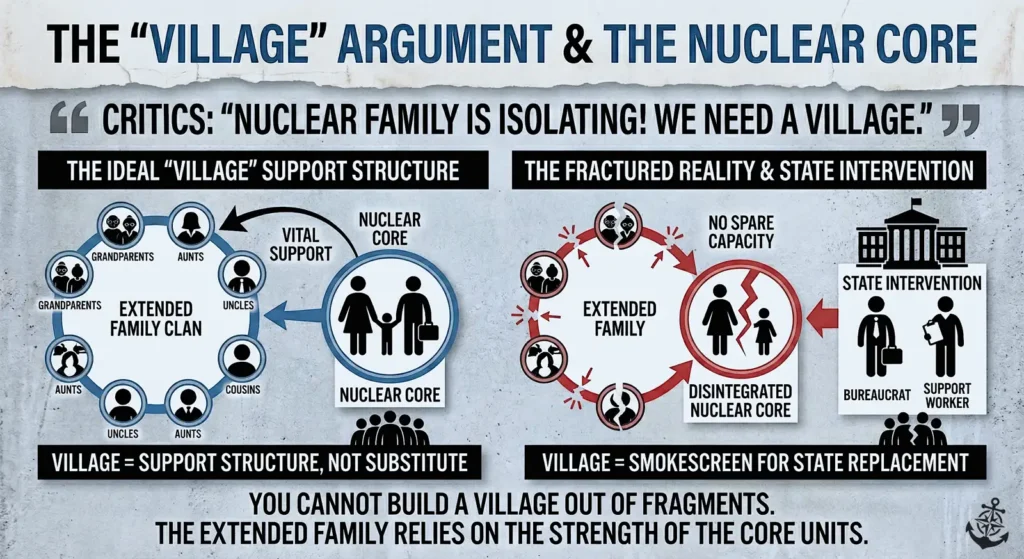 This infographic argues that the "village" concept is meant to be an extended family supporting a strong nuclear core, contrasting this ideal with a "fractured reality" where the disintegration of the nuclear unit leads to state intervention replacing the family role.
