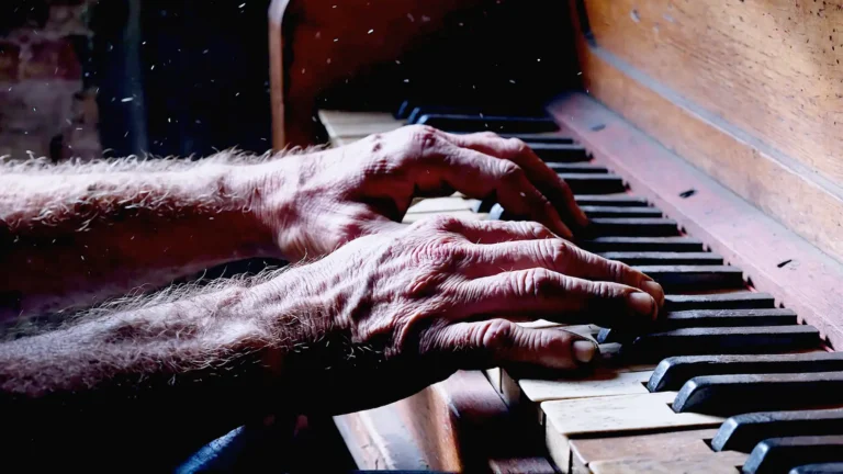 A hyper-realistic, cinematic close-up shot of a pair of weathered, working-class hands resting on the keys of an 18th-century harpsichord. The lighting is natural but moody, streaming in from a side window, reminiscent of a Vermeer painting but with the grit of Kodak Portra 400 film grain. Dust motes dance in the light beam. There are no wigs, no powder, no gold trim—just the raw wood of the instrument and the calloused hands of a craftsman. Deep shadows, high contrast. The focus is on the tension in the fingers, ready to strike a chord.