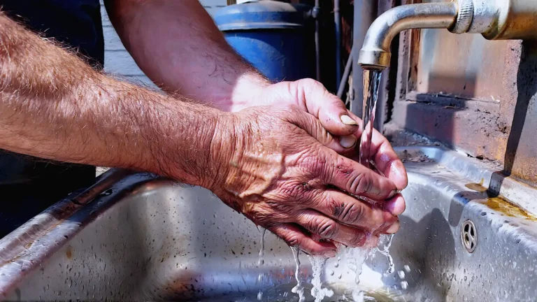 A close-up, waist-up shot of a mechanic or craftsman’s hands washing off grease and grime in a rough, industrial sink. The water is running clear, contrasting with the dirt. Lighting/Atmosphere: Natural, harsh morning light streaming through a dirty workshop window. Cinematic, high contrast (chiaroscuro). Style: Photorealistic, reminiscent of 1970s documentary photography or a Bruce Springsteen album cover. Texture: Kodak Portra 400 film grain. Focus on the texture of the skin—scars, calluses, veins. No smooth AI skin. Mood: Grit, redemption, solitude, competence. Negative Constraints: No digital overlays, no futuristic tech, no floating symbols, no "business suit" stock photography.