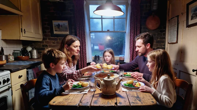 A scene inside a modest British terraced home kitchen at dinnertime. Action: A mother and father and two children sitting around a wooden table. No phones, no glowing screens. They are passing plates of food (potatoes, greens).
